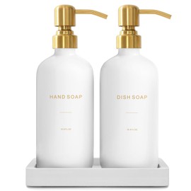 Prus Waso Gold Soap Dispenser Set, Glass Soap Dispenser with Stainless Steel Pump, Perfect for Modern Kitchen Counter Decor. (Gold)