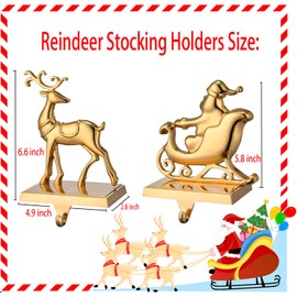 Antique Gold Reindeer & Sleigh Stocking Holder Set for Mantle Set of 4,Deer Stocking Hangers for Firepiece,Christmas Decorations Mantel Hanger for Stocking/Garland (Retro Gold)