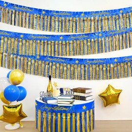 Mega-L Graduation Banners Party Decorations, Blue Gold Class of 2025 Congratulation Foil Fringe Garland, 2Pack 39 Ft Tinsel Streamers Photo Booth Props Flag for Parade Float Car Birthday Party Decor