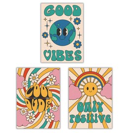 Summit Designs Groovy Retro Wall Art - 70s Hippie Positive Vibes Prints 11x14 Unframed Boho Living Room Decor Psychedelic Good Vibes Earth Rainbow Aesthetic Set