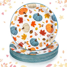 FYSUIMU 40 Pcs Fall Thanksgiving Paper Plates Pumpkin Maple Leaves Disposable Plates 9 Inch Blue Orange Autumn Party Tableware for Wedding Birthday Table Decor Supplies