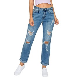 WAX JEAN Women's Boyfriend Jeans with Destructed Blown Knee and Rolled Cuff, Medium, 11