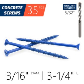 SANJODS 3/16" x 3-1/4" Concrete Screw Anchors with Drill Bit - Blue Flat Head Screws for Masonry, Brick, Block, Cement, Stucco (Pack of 35)