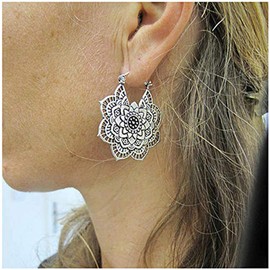 Hithop Vintage Mandala Flower Drop Dangle Earring for Women Girl Tribal Hollow Floral Pendant Earrings (Silver)