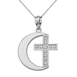 Polished 925 Sterling Silver Crescent Moon CZ Cross Pendant Necklace, 16"