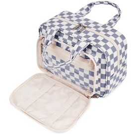 Narwey Full Size Toiletry Bag Large Makeup Bag Organizer Travel Cosmetic Bag for Women and Men (Grayish Blue Checkerboard)