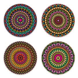 Coasters for Drinks,Set of 4 Absorbent Coasters, Colored Mandala Floral Ceramic Coasters with Cork Base,Cup Coaster for Coffee Table Protection,Gifts for Housewarming Birthday Home Decor