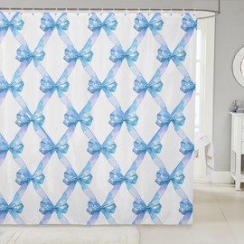 Cute Bowknot Fabric Shower Curtain,Princess Style Blue Bow Watercolor Girly Shower Curtain for Bathroom,Geometric Grids Minimalist Dreamy Waterproof Shower Curtain,72 Inch Long