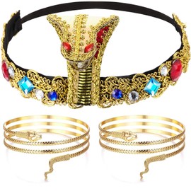 TBXNVG Pack of 3 Egyptian Costume Accessories, Egyptian Cobra Headpiece and 2 Pieces Whirlpool Snake Bracelet, Golden Cleopatra Costume Women's Accessory Set for Women Girls