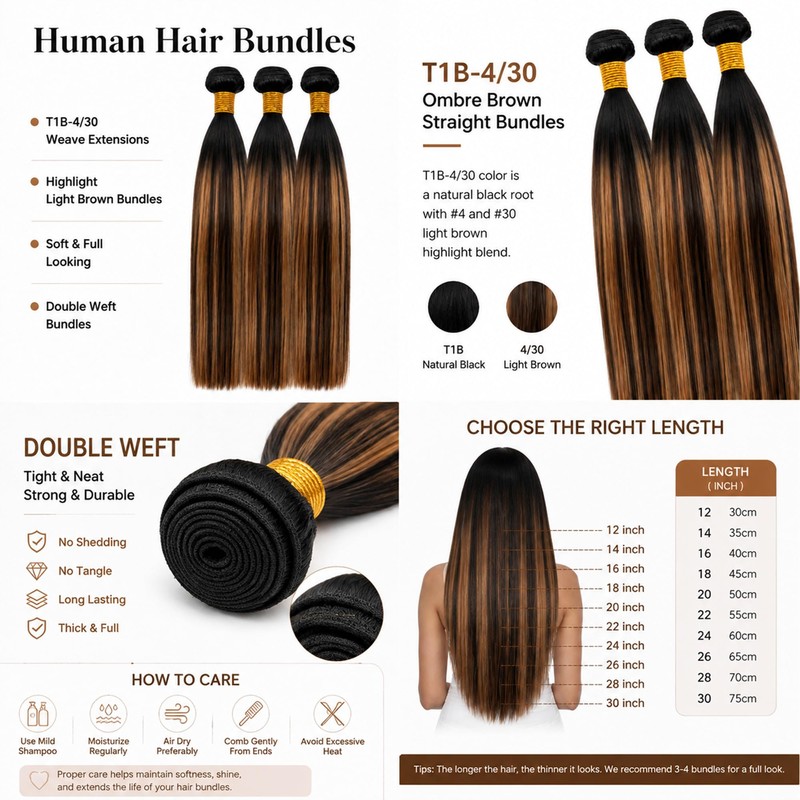 T1B/P430 Highlighted Light‑Brown Straight Hair Bundles 14/16/18