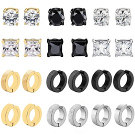 12 Pairs Magnetic Earrings Men's Stainless Steel Magnetic Stud Earrings for Men Women CZ Hypoallergenic Non-Penetrating Clip Non Piercing Fake Earrings Set Silver Black, Stainless Steel