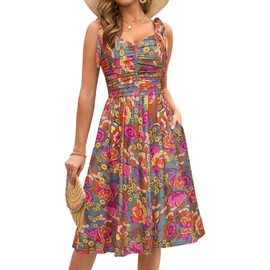 Kranda Summer Sundress 2025 Spring Self Tie Shoulder Spaghetti Strap V Neck Sleeveless Casual Beach Floral Boho Grey Green Floral Midi Dress with Pockets Large