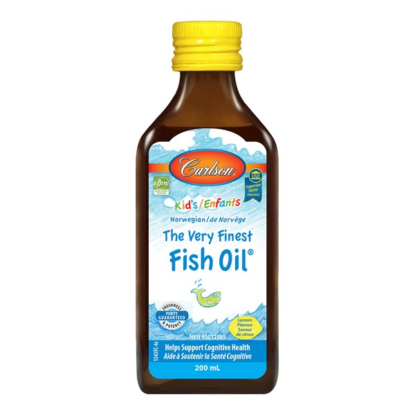 Carlson - Kid's The Very Finest Fish Oil, 800 mg Omega-3s, Liquid Fish Oil Supplement, Norwegian Fish Oil, Wild-Caught, Sustainably Sourced Fish Oil Liquid, Lemon, 200 mL (6.7 Fl Oz)