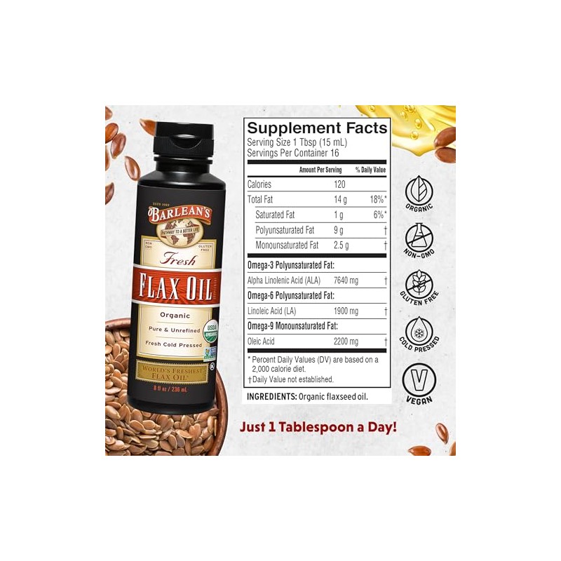 Barleans, aceite de lino orgánico, 8 onzas líquidas