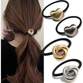 BetterJonny Hair Rubber Set of 4, Stylish, Adult, Black, Stylish, Cute, Decorative Hair Band, Simple, Rubber Band, Hair Accessory, Korean Style, Simple, Elegant, Accessories, Metal Heart, Hair Rubber