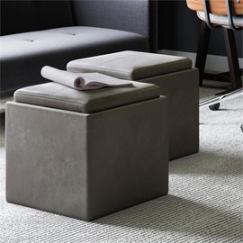 SIMPLIHOME Rockwood 18 inch Wide Contemporary Square Cube Storage Ottoman with Tray in Distressed Slate Grey Vegan Faux Leather, Assembled, for the Living Room, Entryway and Family Room