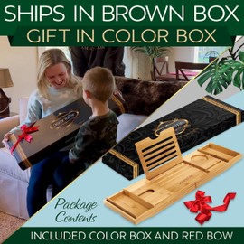 SereneLife Bath Caddy Breakfast Tray Combo with Gift Box-Natural Bamboo Wood Waterproof Bath Tub Caddy and Bed Tray with Folding Slide-Out Arms,Device Grooves,Wine Glass and Soap Holder