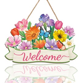 CHDITB Spring Welcome Sign, Welcome Door Decoration Outdoor, Flowers Butterfly Welcome Sign, Spring Door Decoration, Welcome Spring Wall Decoration for Home, Wall Wreath, Porch, Front Door, All Year