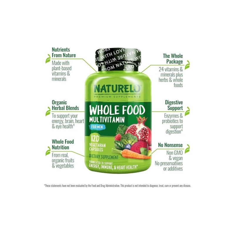 NATURELO Whole Food Multivitamin for Men | 120 Capsules |