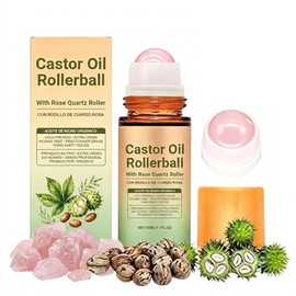 2 Pcs Castor Oil with Rose Quartz Roller - 100% Cold Pressed Moisturizing Oil with Rose Quartz Roller Ball for Face and Body, Hair, Eyebrows, Moisturize Skin (2)
