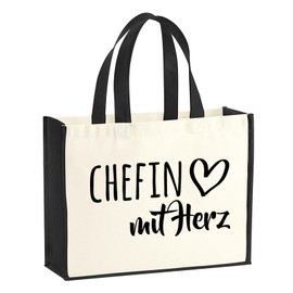 huuraa Jute Bag Chefin with Heart Present Shopper Shopping Bag Black 21 Litres Jute and Cotton Boss Gift Idea, black, Unit size