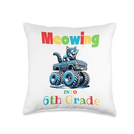 Meowing Into 6th Grade Cat Monster Truck Back To School Throw Pillow