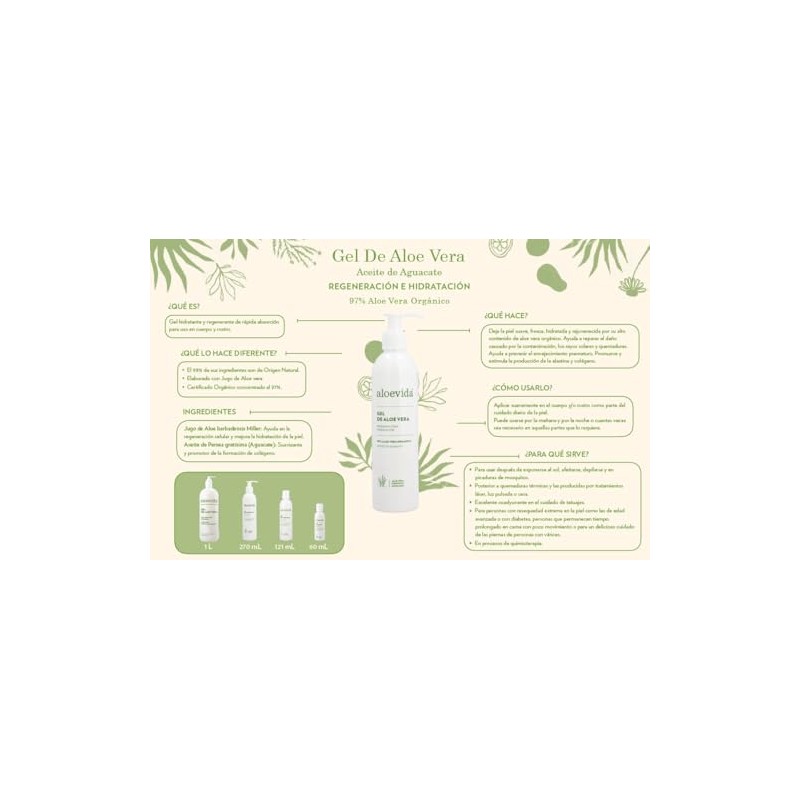 Aloevida gel de aloe vera, regeneracion y hidratacion, 98% ingredientes