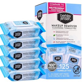 Berkley Jensen Makeup Remover Wipes,125 Cleansing Towelettes, Ultra-Soft Cleansing Facial Towelettes for Waterproof Makeup, Alcohol-Free, Plant-Based, Flip-Top Packs, 25 ct (Pack of 5)