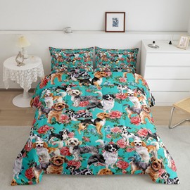 Erosebridal Cartoon Dog Comforter Twin Size,Dogs Family Bedding Set for Kids Boys Girls,Watercolor Flowers Leaves Quilt,Lovely Puppy Pet Animal Duvet Insert with 1 Pillow Case