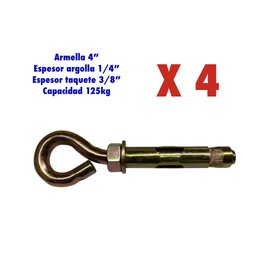 ARMELLA EXPANSIVA KIT 4 PZ USO RUDO ALTA RESISTENCIA ANTIOXIDO SOPORTE PARA MALLA SOMBRA HAMACAS COSTAL DE BOXEO Y MULTIUSOS (1/4")