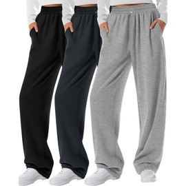Neer 3 Pack Womens Wide Leg Sweatpants Elastic High Waisted Baggy Long Pant Casual Lounge Yoga Drawstring Jogger with Pockets(Black, Dark Gray, Light Mixed Gray,Medium)