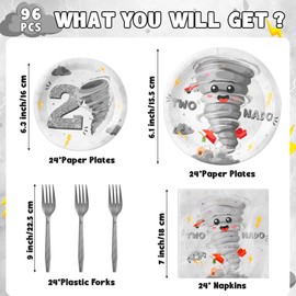 G1ngtar 96Pcs Two Nado Party Plates Supplies - Tornado 2nd Birthday Party Tableware Decorations Two Nado Disposable Paper Plates Napkin Fork for Boy 2 Year Old Birthday Baby Shower, Serves 24 (Gary)