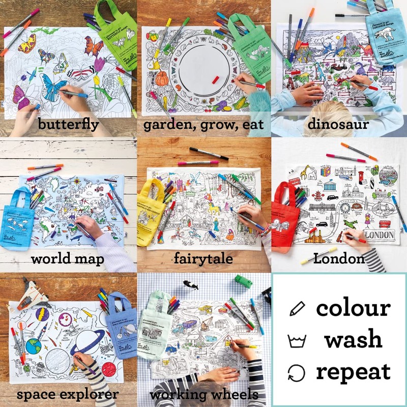 eatsleepdoodle Colouring Placemat for Kids w/10pk Washable Markers - Features