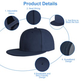 BSBUY Baseball Cap for Men Flat Brim Kappe Cap, Classic Plain Baseball Hats Flat Peak Snapback Hat Cap Hip Hop Style Adjustable Sports Casual Cap Breathable Summer Sun Visor Hat for Outdoor(Navy Blue)