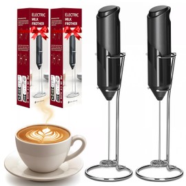 Simple Deluxe 2 Pack Milk Frother Handheld, Foam Maker with Stainless Steel Stand, Battery-Operated Whisk for Coffee, Latte, Hot Chocolate, Black