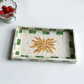 Huyfoig Rectangle Ottoman Tray 10”X6”, Lacquer Mother of Pearl Inlay Mosaic Serving Tray for Coffee, Bread, Fruits Decorative Trays for Coffee Table Home Decor (Green)