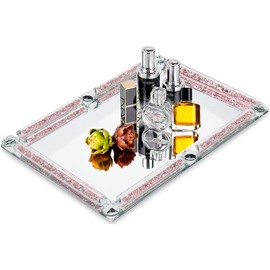 Crystal Perfume Tray,Crushed Diamond Filled Crystal Glass Tray,11.8 x 7.9 Rectangular Cosmetic Makeup Vanity Tray,Mirror Jewelry Trinket Tray,Serving Tray for Home Decor,Party,Hotel Banquet(Rose)