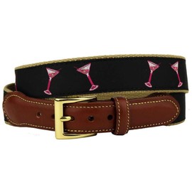 Country Club Prep Shaken, Not Stirred, Dancing Martini Glasses Leather Tab Belt in Black