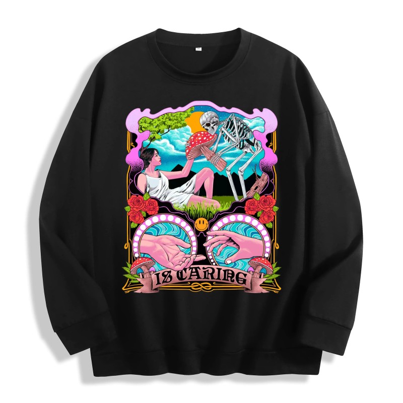 Psychedelic Skeleton Mushroom Graphic Crewneck Sweatshirt, US Warehouse, 6 ColorsSize: