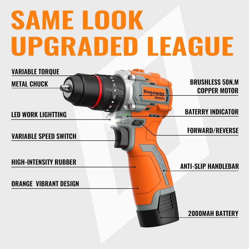 50N.m Brushless Cordless Drill, 4-Function Electric Drill with 36 pcs