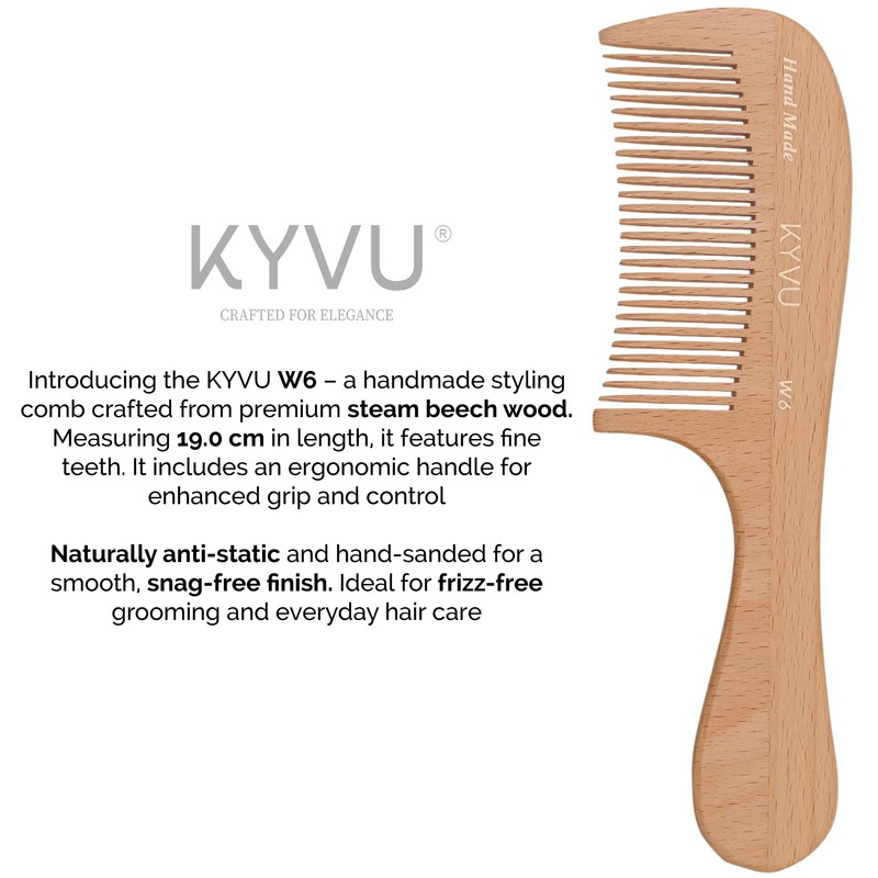KYVU W6 Handmade 19.0 cm Fine-Tooth Wooden Comb with Handle