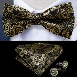 DiBanGu Mens Black and Gold Paisley Bow Tie Set Silk Woven Pre-tied Bow Ties Pocket Square Cufflinks Party Prom