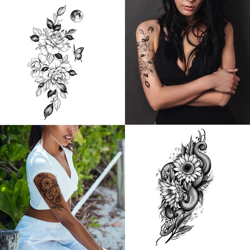 32pcs Black Rose Flower Temporary Tattoo Sticker For Women,Multiple Floral