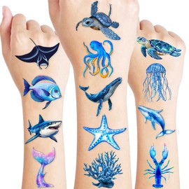 96 PCS Ocean Pre–Cut Blue Animals Temporary Tattoos Themed Birthday Party Decorations Favors Supplies Décor Under The Sea Turtle Fish Tattoo Stickers Gifts For Game Boys Girls Classroom School Prizes