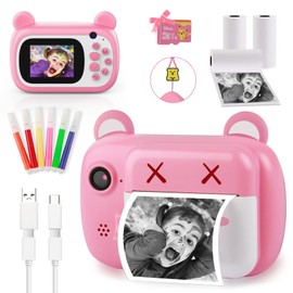 Instant Print Camera for Kids - Selfie Kids Camera for Girls, 1080P Video Digital Kids Camera with Cartoon Pattern Design - Toys Gifts for 3-12 Years Old Girls Boys Children (Pink)
