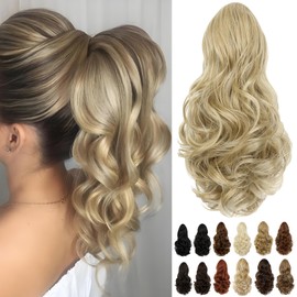 Cephermer Ponytail Extension, 15 Inch Drawstring Ponytail, Light Blonde Mix Bleach Blonde Wavy Clip in Pony Tails Hair Extensions Natural Looking Synthetic Hairpiece for Women Daily Use party