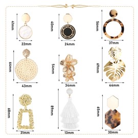 Finrezio 9 Pairs Clip Earrings for Women Statement Rattan Resin Acrylic Drop Earrings Lightweight Rattan Earrings, Acrylic, rattan, No Gemstone