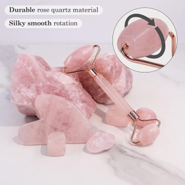 Jade Roller and Gua Sha Stone Massage Tool Set, Natural Rose Quartz Jade Face Roller Stone for Skin Care Anti Aging, De-Puffing, Detoxifying, Brightening, and Refreshes Skin Tool (Pink)