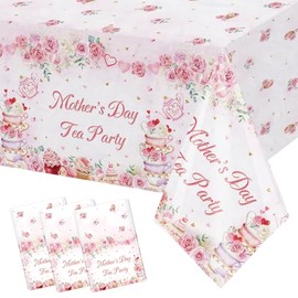 MEHOFOND Mother’s Day Tea Party Tablecloth 3 Pack 54x108 Inch Pink Floral Rose Disposable Table Cover, Mothers Day Tea Party Decorations for Mom Brunch, Garden Party Supplies