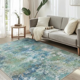 BEIMO Area Rugs 9x12 Machine Washable Area Rug for Bedroom Living Room Dining Room, Large Modern Abstract Soft Rugs, Indoor Low Pile Carpet with Non Slip Rubber Backing, Abstract Blue Green